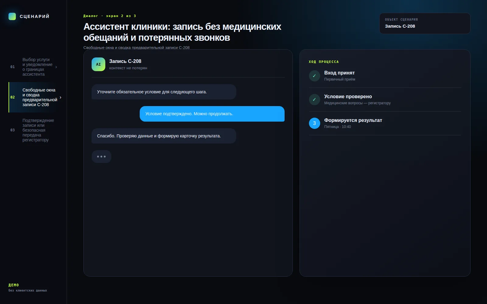 Демонстрационный экран 2: Свободные окна и сводка предварительной записи C-208. Кейс «Ассистент клиники: запись без медицинских обещаний и потерянных звонков»