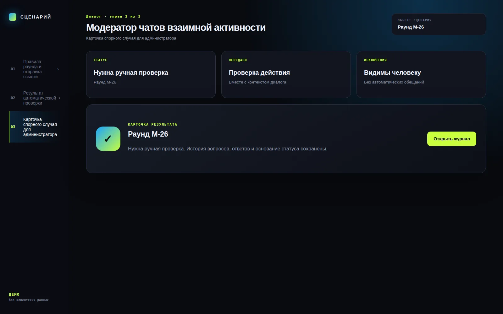 Демонстрационный экран 3: Карточка спорного случая для администратора. Кейс «Модератор чатов взаимной активности»