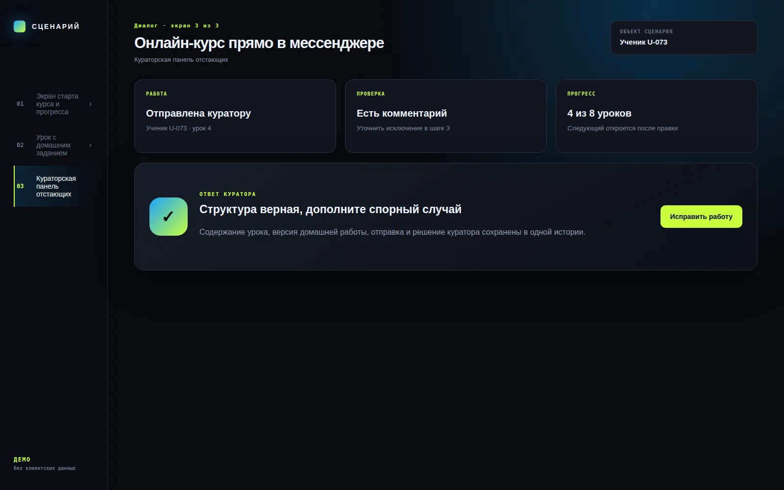 Демонстрационный экран 3: Кураторская панель отстающих. Кейс «Онлайн-курс прямо в мессенджере»