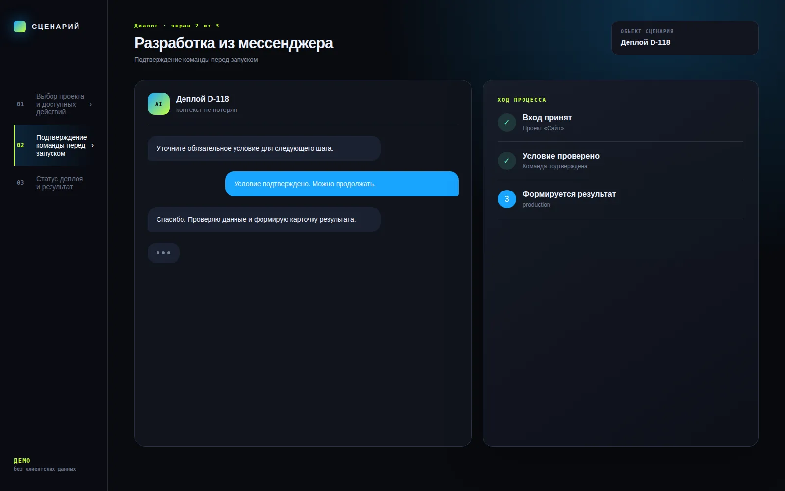 Демонстрационный экран 2: Подтверждение команды перед запуском. Кейс «Разработка из мессенджера»
