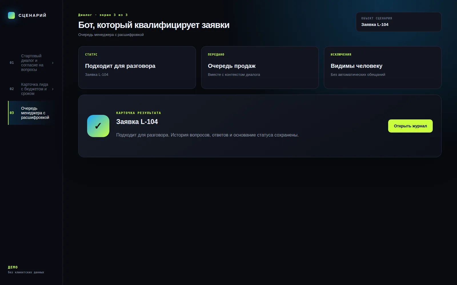 Демонстрационный экран 3: Очередь менеджера с расшифровкой. Кейс «Бот, который квалифицирует заявки»