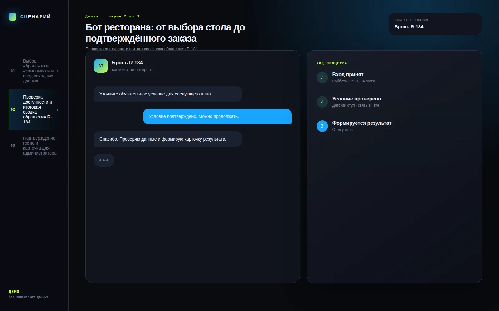 Демонстрационный экран 2: Проверка доступности и итоговая сводка обращения R-184. Кейс «Бот ресторана: от выбора стола до подтверждённого заказа»