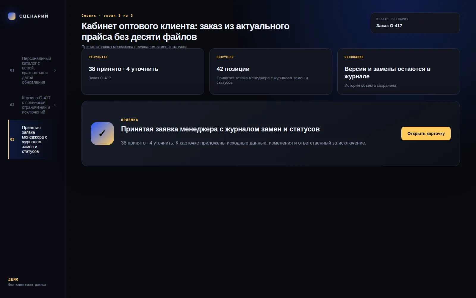 Демонстрационный экран 3: Принятая заявка менеджера с журналом замен и статусов. Кейс «Кабинет оптового клиента: заказ из актуального прайса без десяти файлов»